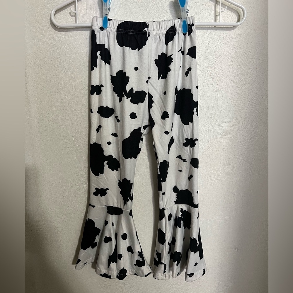 NO BRAND Elastic Waist Bell Bottom Western Cow Print Pants White Black Girl's 5T